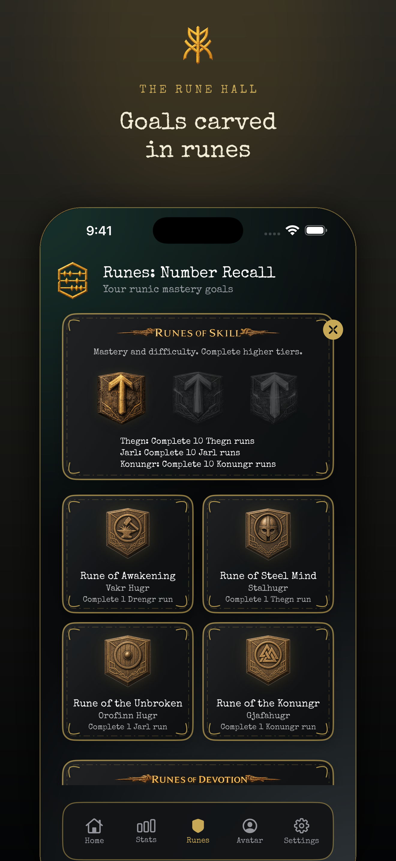 The Rune Hall — goals carved in runes