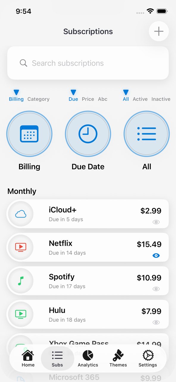 Sub Cue screenshot — the subscriptions dashboard